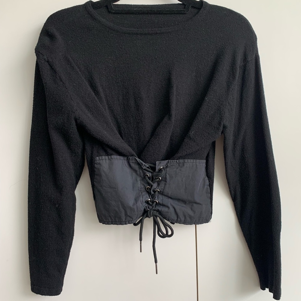 Black Solid Lace Up Crop Sweatshirt Small